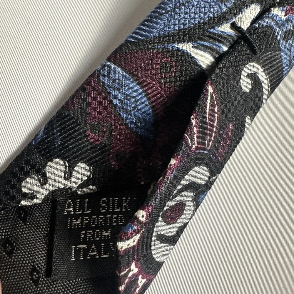 Biella Italy Silk Paisley Floral Tie Black Blue Burgundy Classic Luxury Preppy